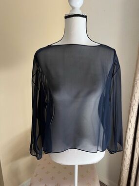 Harari Vintage Sheer Navy Long  Sleeve Silk Top. Size O/S